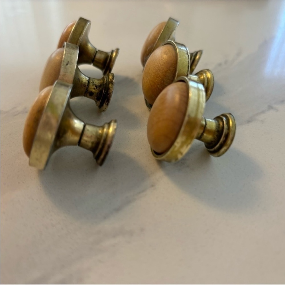 SET of SIX brass and wood drawer knobs pulls round handles brass wood inset knob - Picture 5 of 12